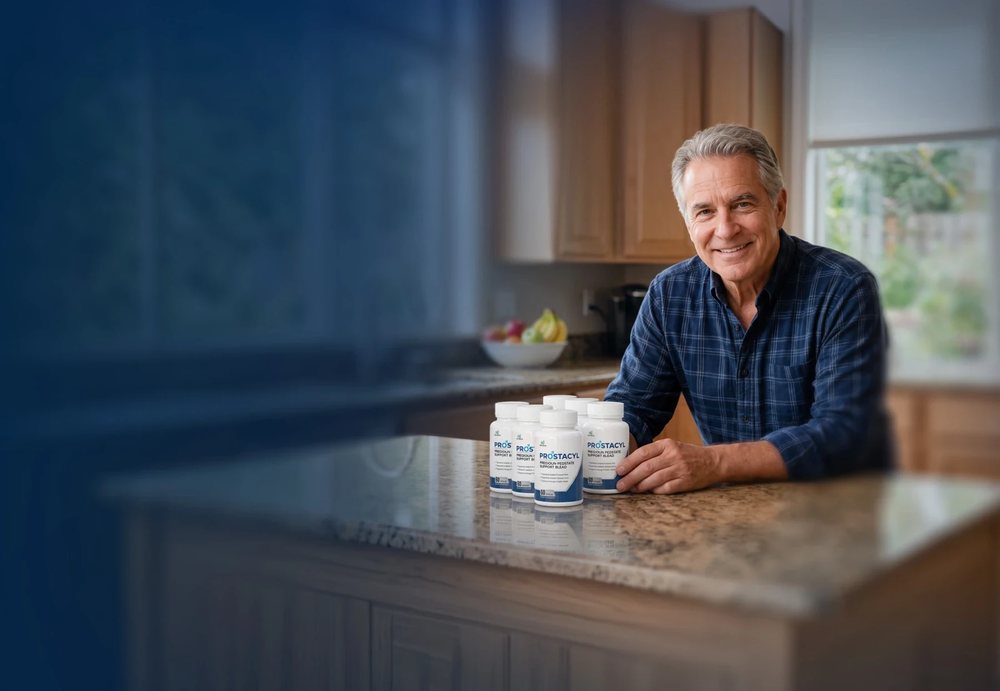 The wide Prostacyl marketing image: a man at a kitchen counter behind five bottles whose printed text does not match the product's own label wording